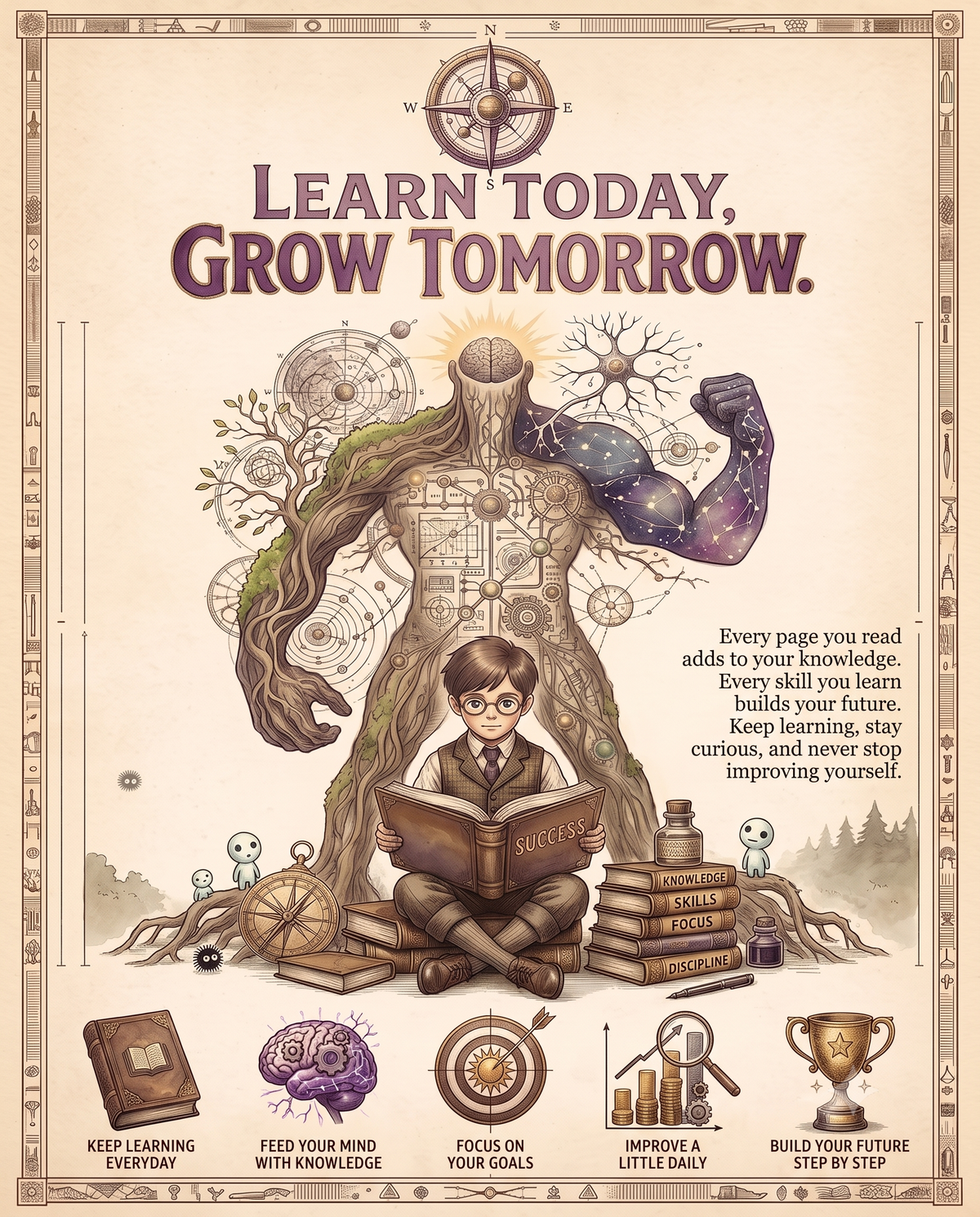 Learn Today Grow Tomorrow Vintage Motivational Poster | Knowledge Mindset Printable Wall Art | Dark Academia Study Decor Digital Download