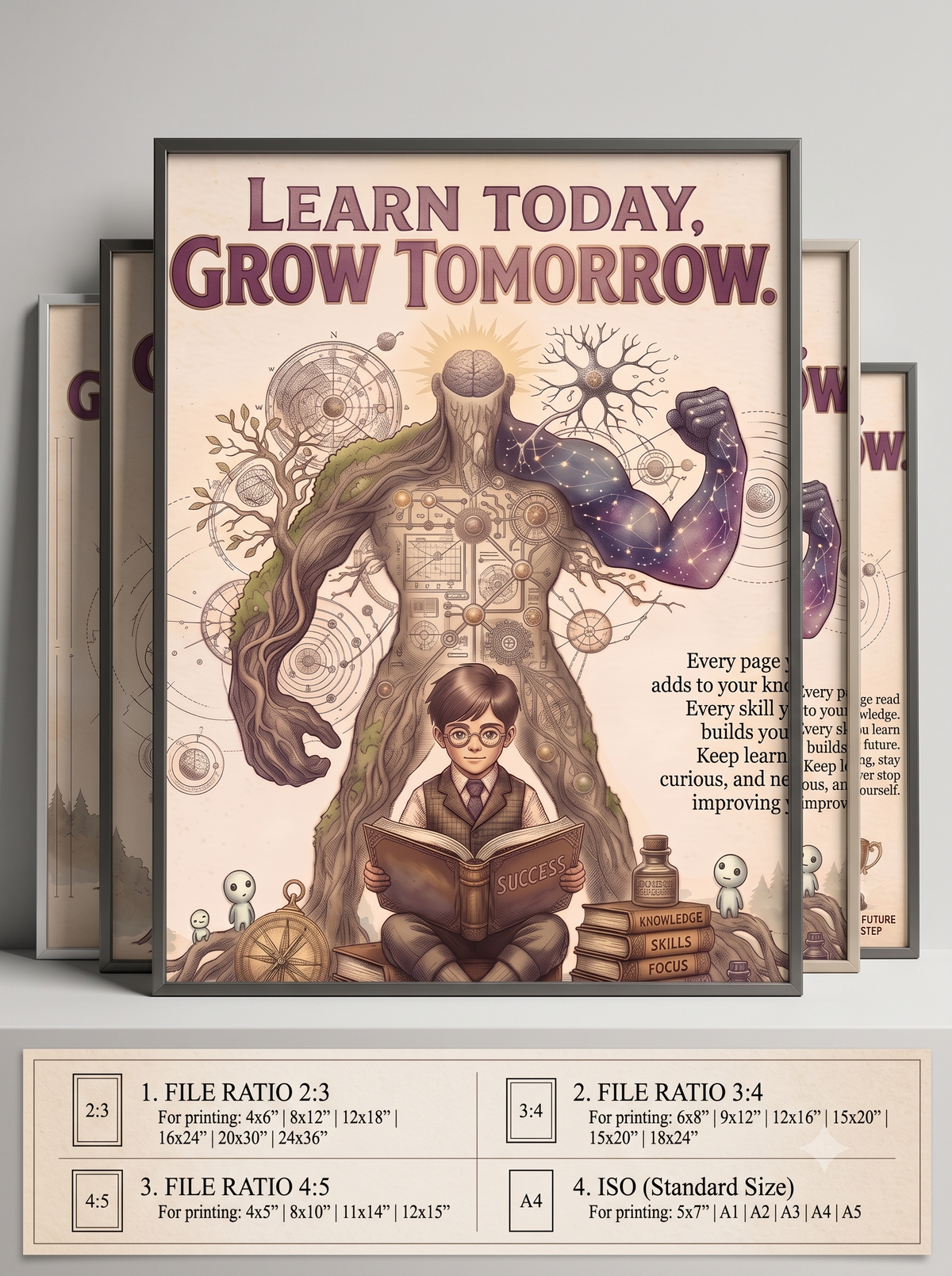 Learn Today Grow Tomorrow Vintage Motivational Poster | Knowledge Mindset Printable Wall Art | Dark Academia Study Decor Digital Download
