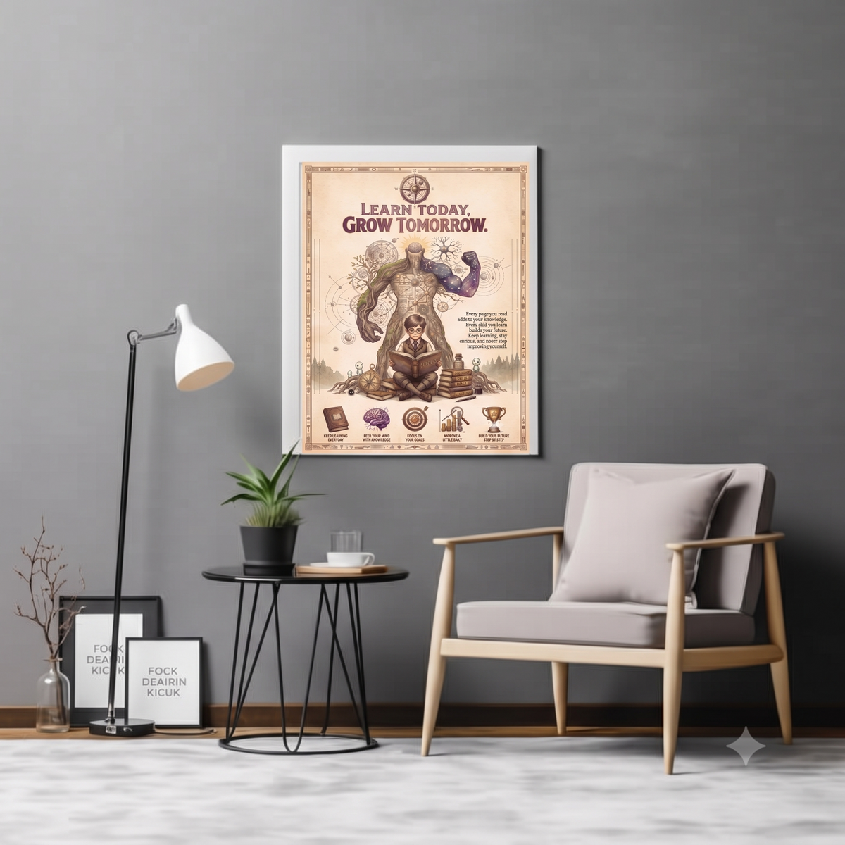 Learn Today Grow Tomorrow Vintage Motivational Poster | Knowledge Mindset Printable Wall Art | Dark Academia Study Decor Digital Download
